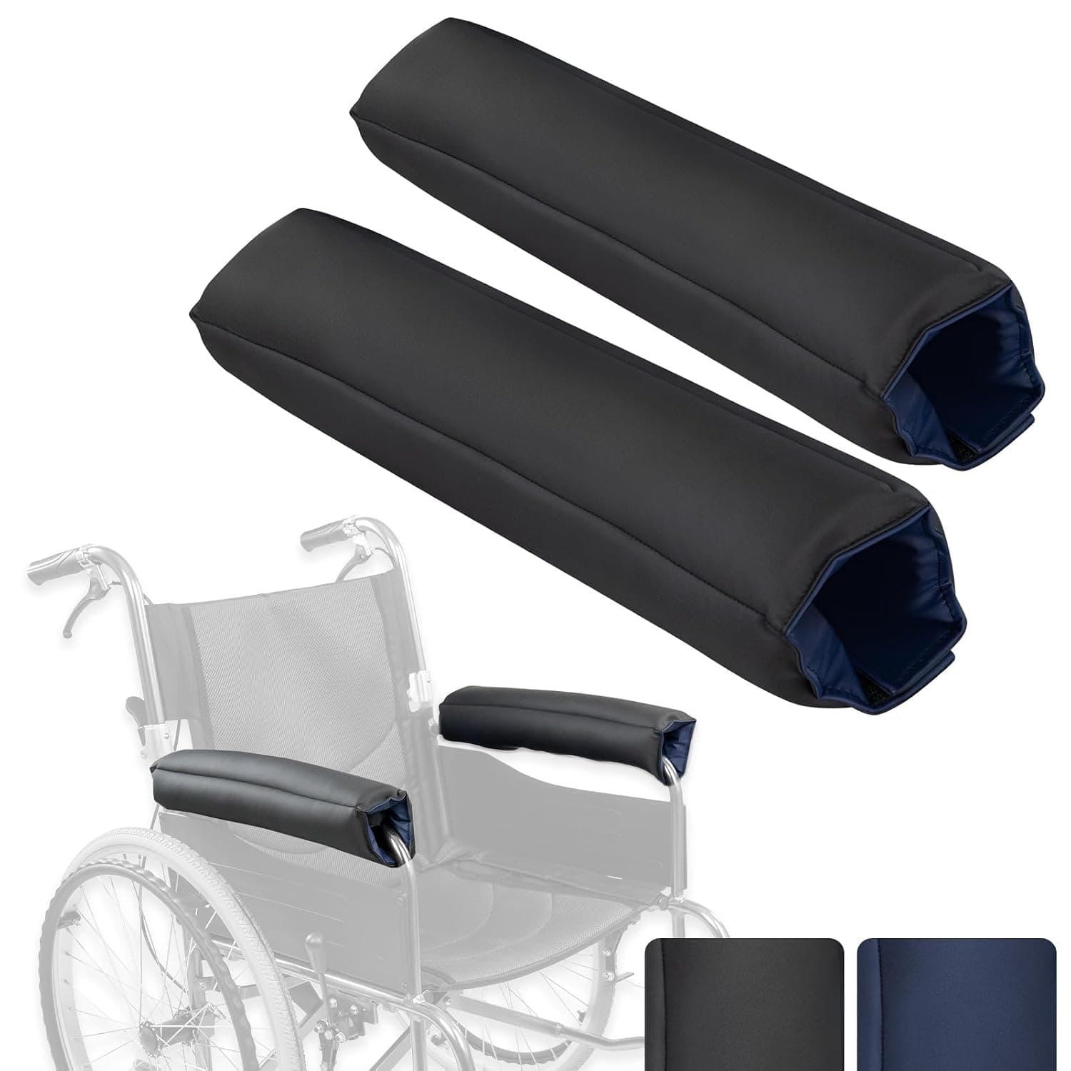 Wheelchair Armrest Pads (2 Pieces), for Office, Desk & Wheelchair Chairs, Reversible Blue/Black, Non-Slip, Easy-Clean Protective Covers, Comfortable Armrest Padding, 11"