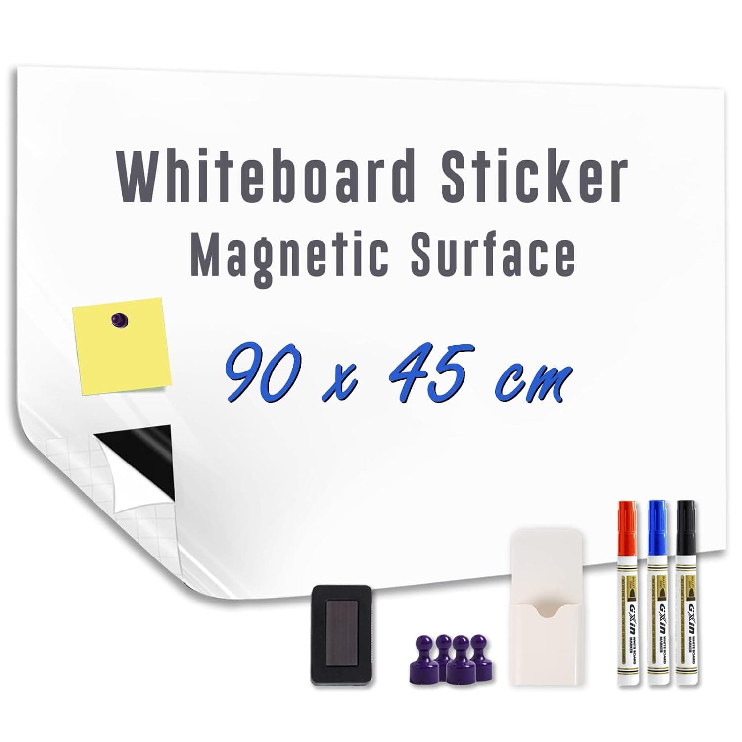 Magnetic Whiteboard Sticker - Adhesive Backing 90x45cm Dry Erase Board for Wall Whiteboard Contact Paper for Office Home Door Include Starter Kit