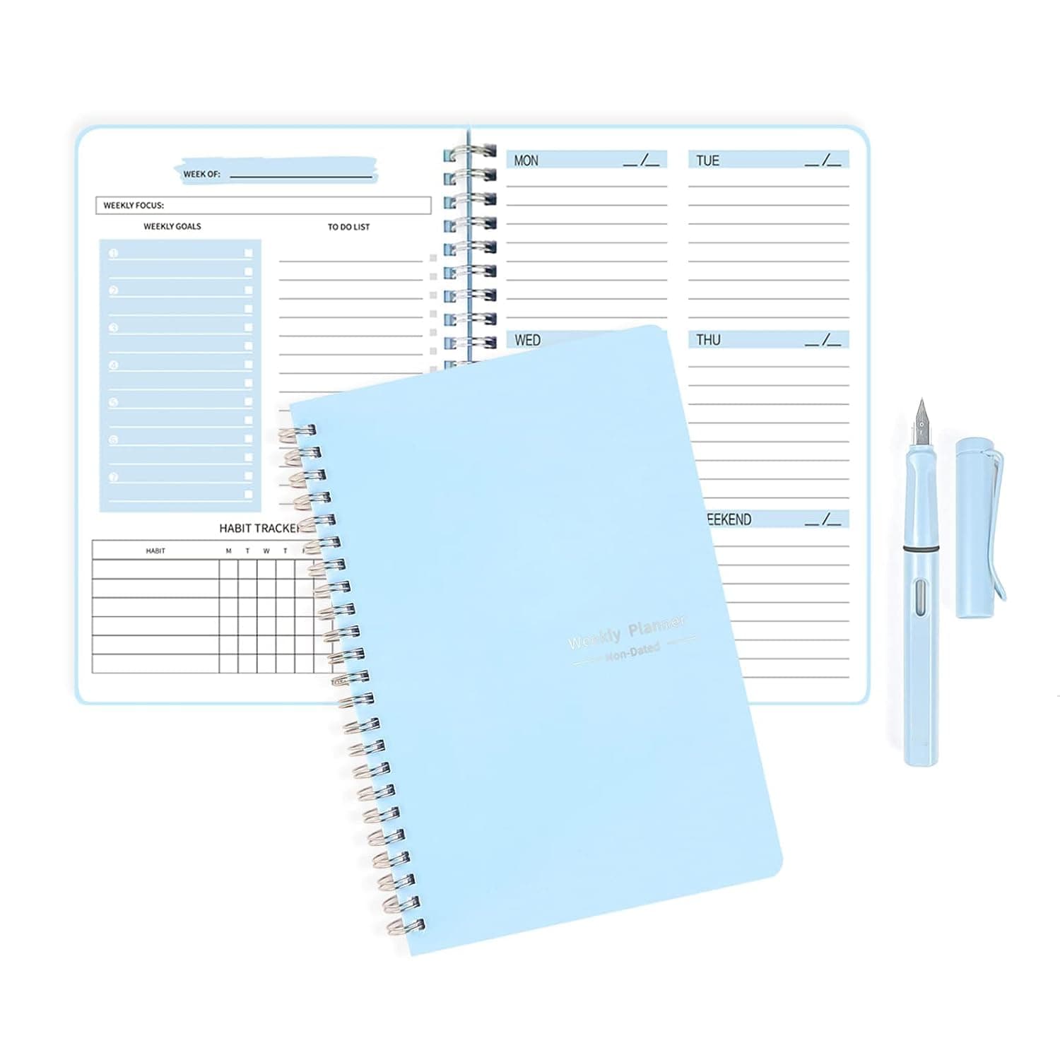 Weekly Planner Undated Planner Book with Blue Fountain Ink Pen, To-Do List, Weekly Goals, Habit Tracker, 5.7" X 8" Inch for 52 Weeks Planning