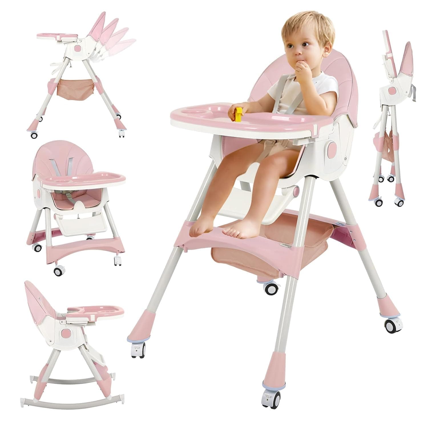 Bentifar High Chairs for Babies and Toddlers, 4 in 1 Convertible Baby High Chair, Portable High Chair for Travel with Adjustable Height and Back, Foldable HighChair with Wheels& Pu Cushion (Pink)