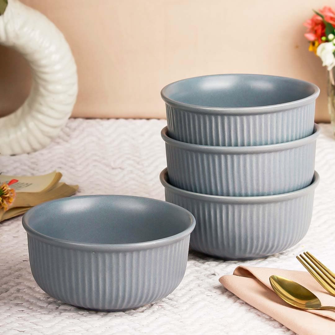 The Earth Store Grey Fringe Ceramic Snack Bowls Set of 4 for Serving Pasta, Noodle, Maggi, Cereal Microwave Safe Salad Bowl, Mixing Bowl for Snacks- 550 ML Each