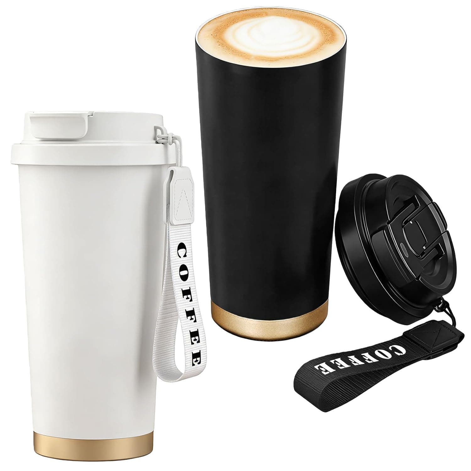 Set of 2 Thermal Mugs, 530 ml/17 oz, Stainless Steel Coffee Mug to Go Thermo, Double-Walled Vacuum Insulated Coffee with Lid and Rope, Thermal Mug Coffee for Cooling and Heating (Black, White)