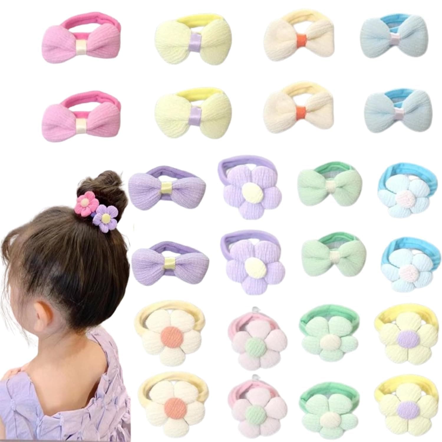 Lonimia 24 Pcs Multicolor Cotton Elastic Hair Ties for Girls with Bows and Flowers, Soft Seamless Elastic Hair Bands, Perfect for Toddler, Baby Girl, Little Girls