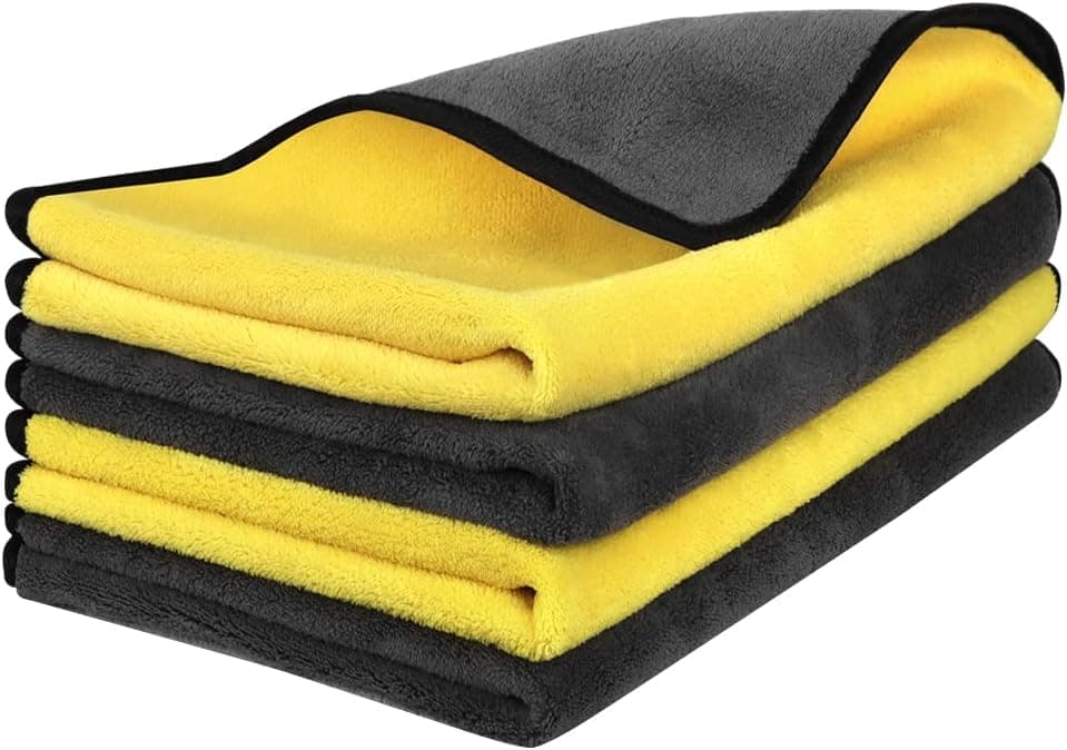 Microfiber Car Detailing Towels, Double Sided Thickened Super Absorbent Car Drying Towel, Detailing Towels, Wash Towel, Yellow in Grey, 40×60cm (4 Pack)