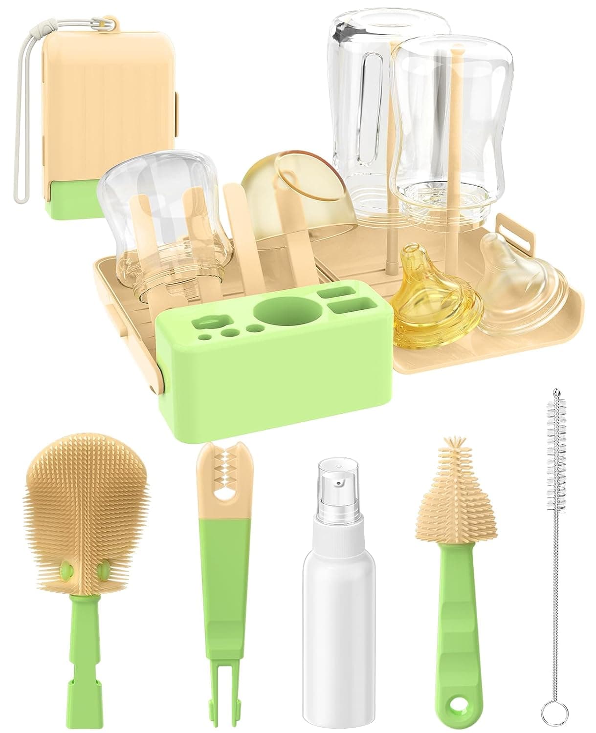 7 in 1 Baby Bottle Brush Set, BPA-Free Travel Bottle Cleaner Kit with U-Shaped Silicone//Straw Brush, Portable Drying Rack, Soap Dispenser & Storage Box - Baby Travel & Home Essential