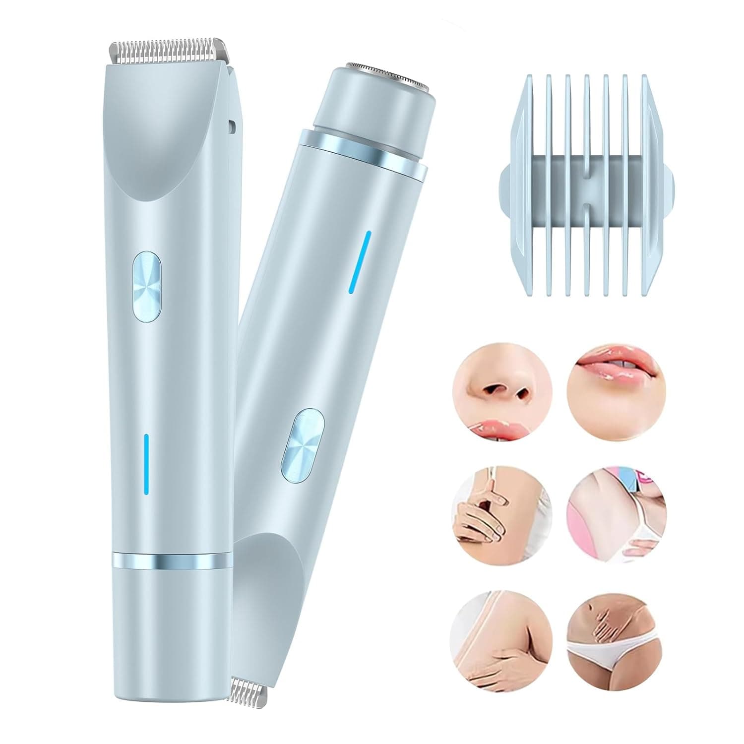 ماكينة حلاقة نسائية 2 في 1 من بوكيلا، ماكينة حلاقة حميمة للنساء، ماكينة حلاقة حميمة، ماكينة تشذيب الجسم للوجه والمحور والساق والبيكيني، للاستخدام الجاف والرطب، مقاومة للماء بدرجة IPX7 (ازرق)