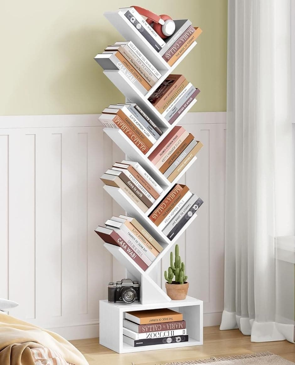 Uandhome 10 Tier Tree Bookshelf, Wood Small Bookcase with Storage Cabinet,Modern Tall Narrow Bookcase for CDs/Movies/Books, Book Organizer Shelves for Home Office, Living Room, Bedroom (White)