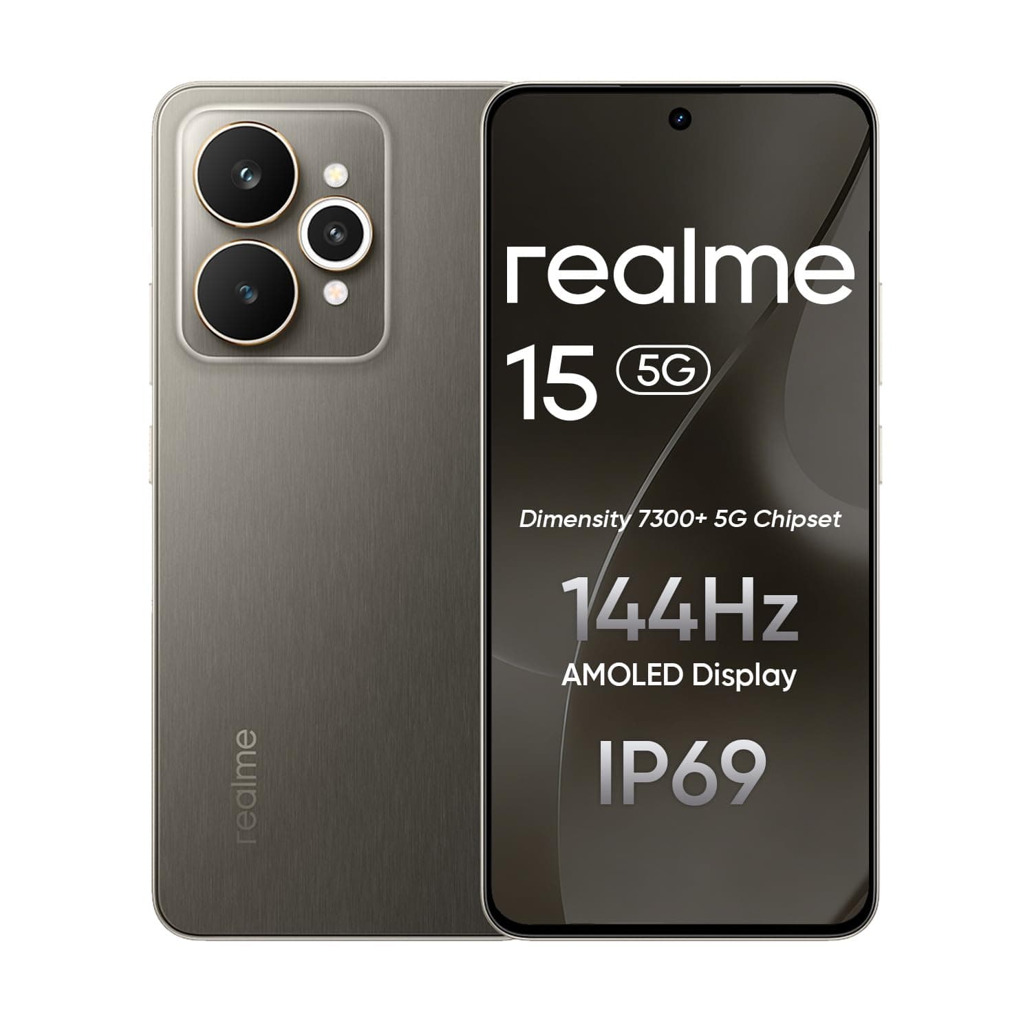 ريلمي هاتف ذكي 15 5G 12+256GB من التيتانيوم، شاشة AMOLED 144Hz وبطارية 6500mAh، سوبر 45 واط، كاميرا 50+50MP، ميديا تيك ديمنستي 7300 ماكس 5G، IP69