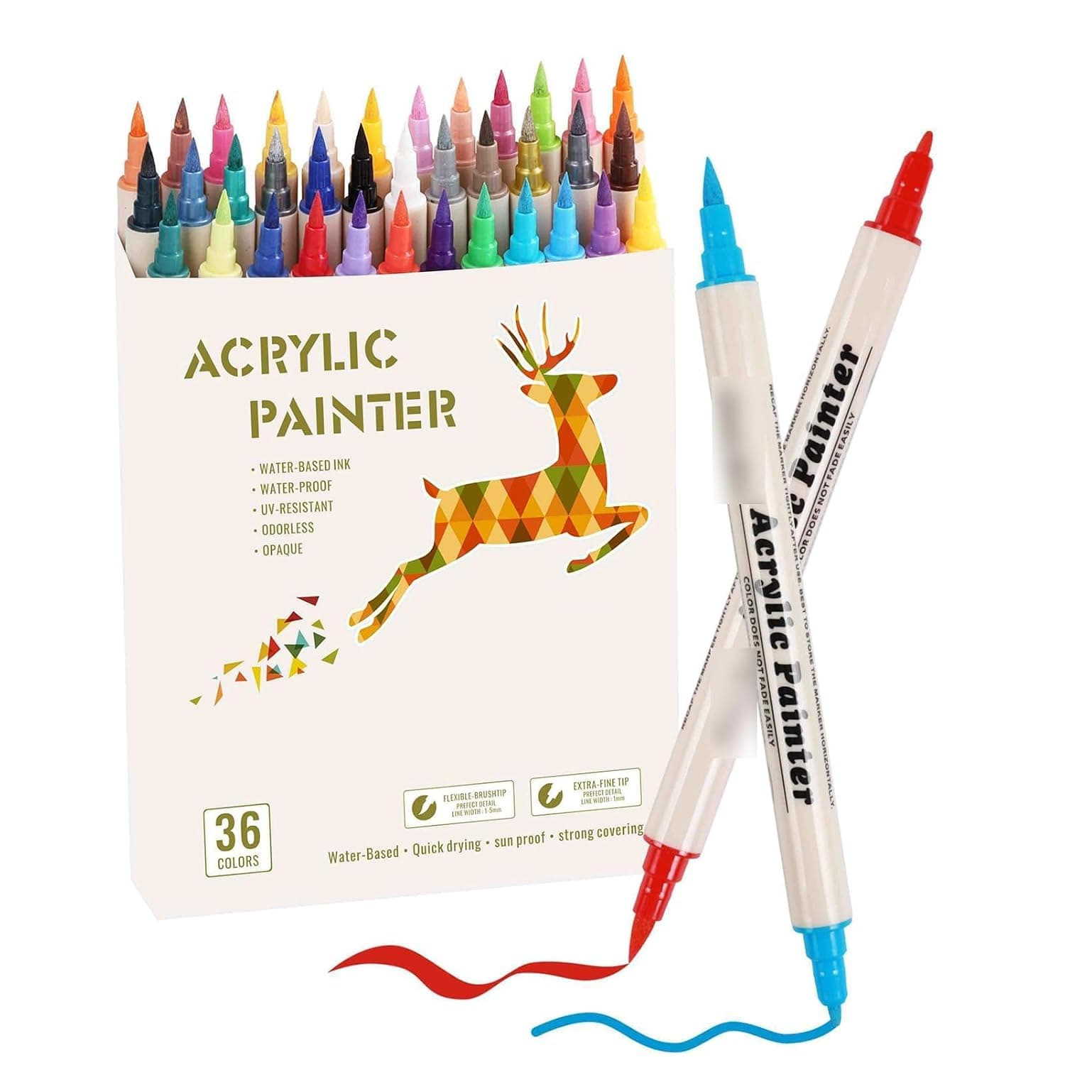 SYOSI Acrylic Paint Pens for Rock Painting and DIY Crafts, 36 Vibrant Colors Dual Tip Markers with Brush and Fine Tip, Water-Based Ink for Wood, Canvas, Fabric, Ceramic, and Glass Art Supplies