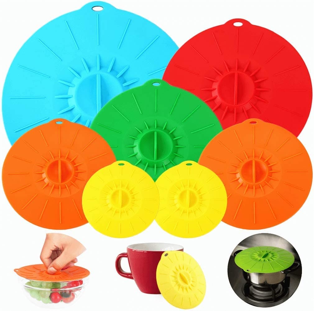Excefore 7 Pack Silicone Lids, Microwave Splatter Cover, 5 Sizes Reusable Heat Resistant Food Suction Lids fits Cups, Bowls, Plates, Pots, Pans, Skillets, Stove Top, Oven, Fridge, BPA Free