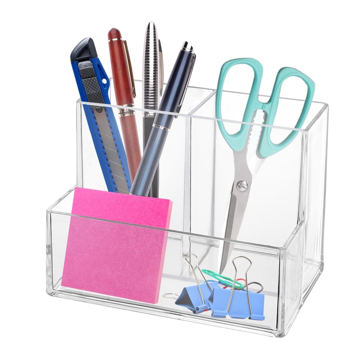 Pen Holder, Clear Acrylic Makeup Brush Holder, Pencil Holder for Desk with Sticky Notes Holder and 3 Compartments, Pencil Organizer for Pen, Art Supply, Makeup Brush(Clear)