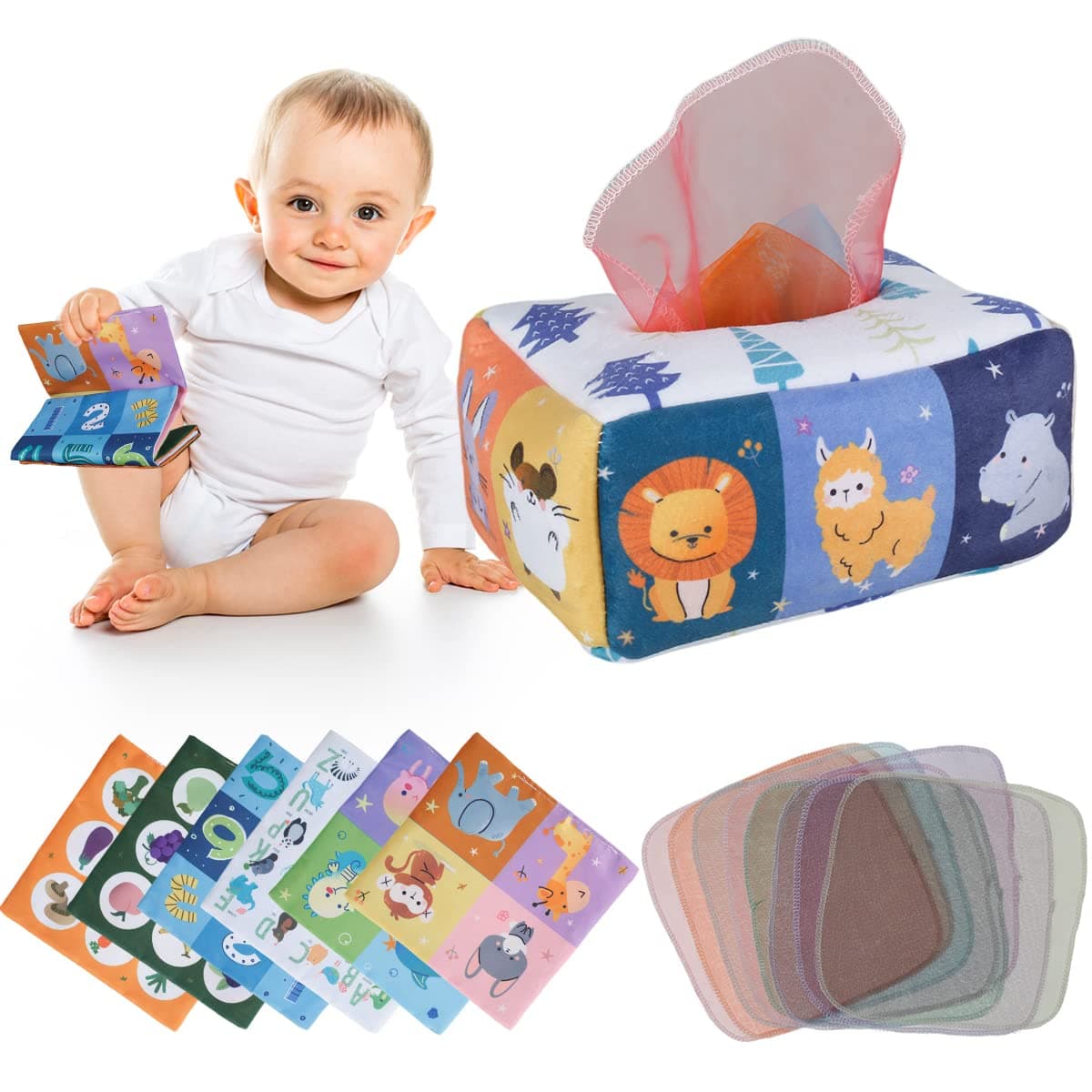 Baby Tissue Box Toy Soft Cute Cartoon Magic Tissue Box Preschool Children Sensory Development Toy with 3 Crinkle Tissues 8 Colorful Scarves for 6-12 Months Infants