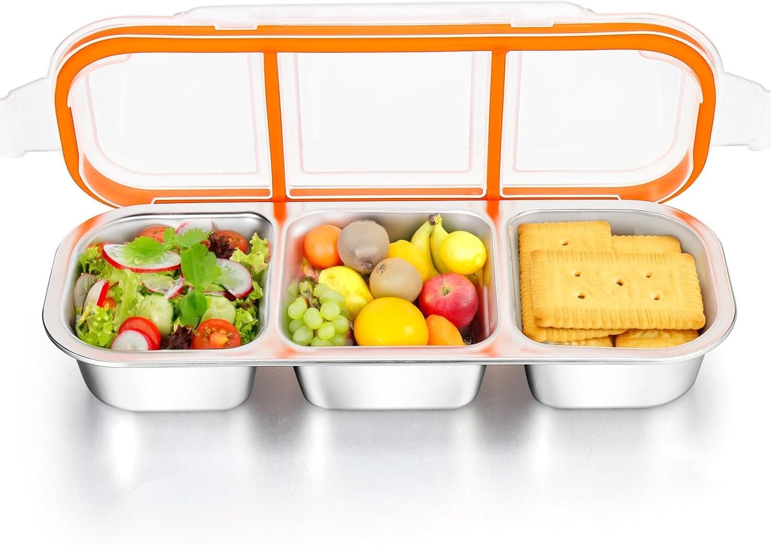 Stainless Steel Snack Containers, Reusable Condiment Box with Lids, 3 Compartment Sauce Cups, Divided Food Storage Containers for School, Home, Travel
