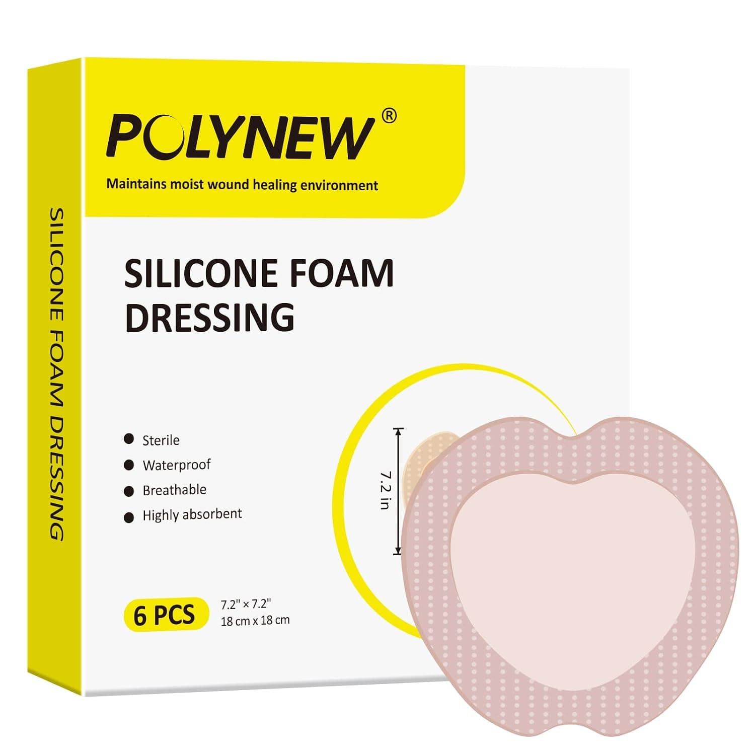 (6 Pcs/Box) Silicone Foam Dressing Sacral with Waterproof Border, Individual Package for Large Wound Care, Bedsore, Pressure Sore (7.2”x7.2”)