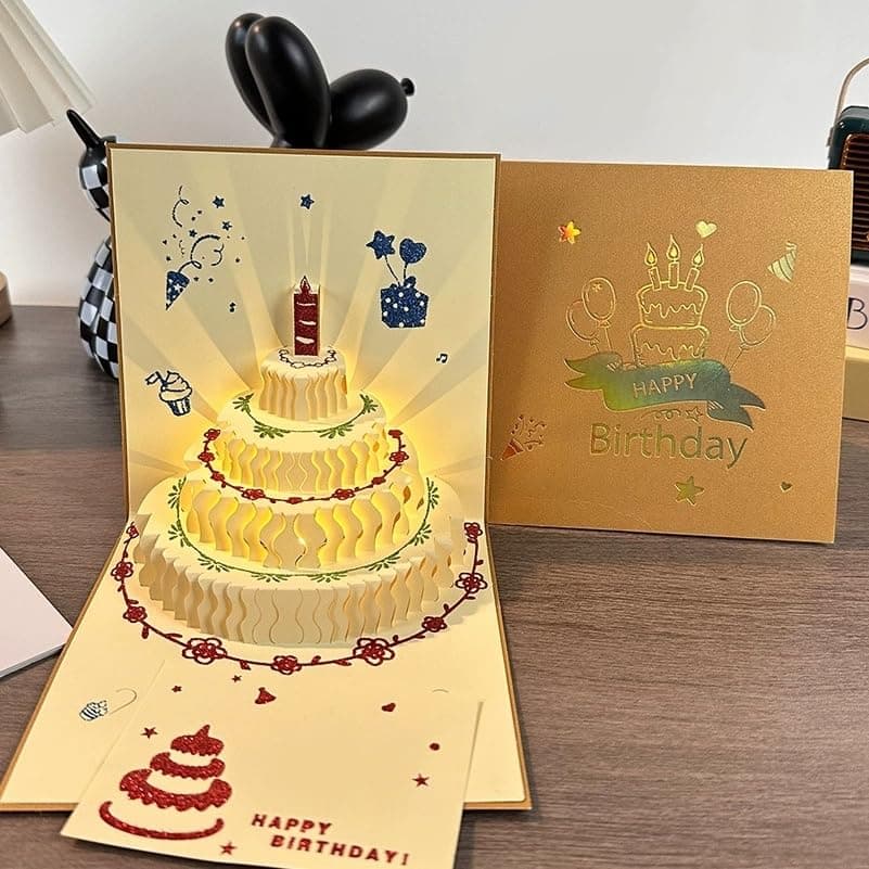 3D Musical Birthday Card, with LED Lights & Blowable Candle, Interactive Pop-Up Greeting Card with Electronic Music, Unique Birthday Gift for Adults Kids Women Men Mom Dad Wife Husband