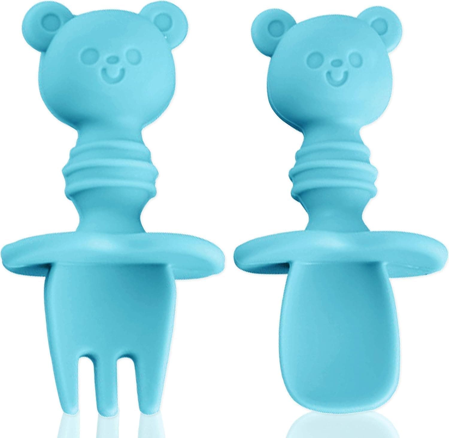 Joyzzz Utensils, Silicone Fork and Spoon Set for Toddlers, Self Feeding Baby Cutlery with Travel Case, Anti Choke Barrier, Ergonomic Bear Handle, BPA Free, Food Grade, Green, 6 to 12 Months
