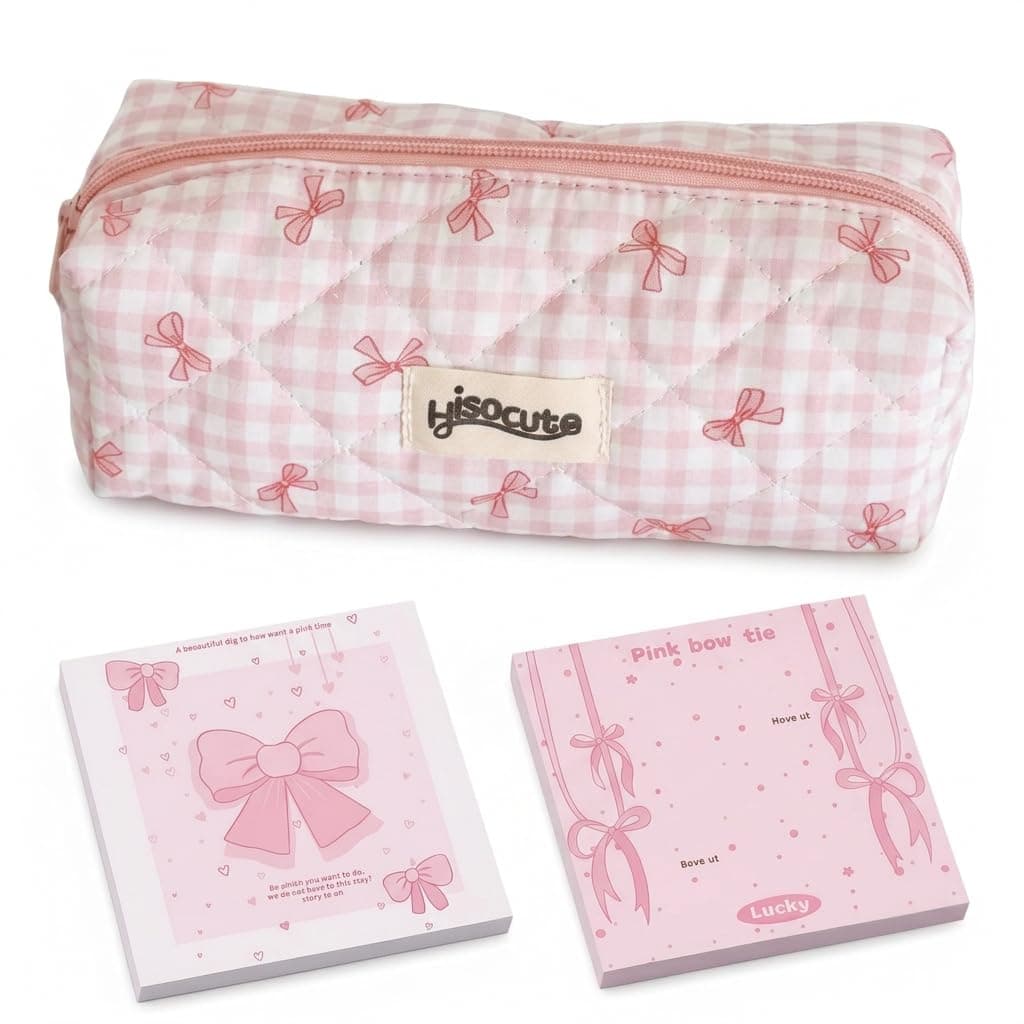 Pink Pencil Case with Bow Design, Cute Pencil Case for Girls, Multifunctional Stationery Bag for School and Office Use, Includes Two Bow Sticky Notes(Random)