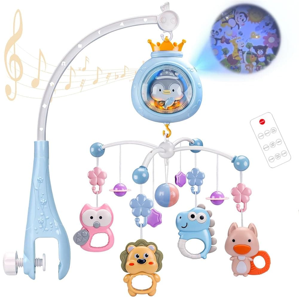 Crib Mobile with Music and Lights,Mobiles for Cribs, Baby Mobile Arm Toys Hanging for Girls Boys Infants 0-6 6-12 Months, Bassinets Nursery Musical Portable Mobiles Clip On Pack and Play(Bule)