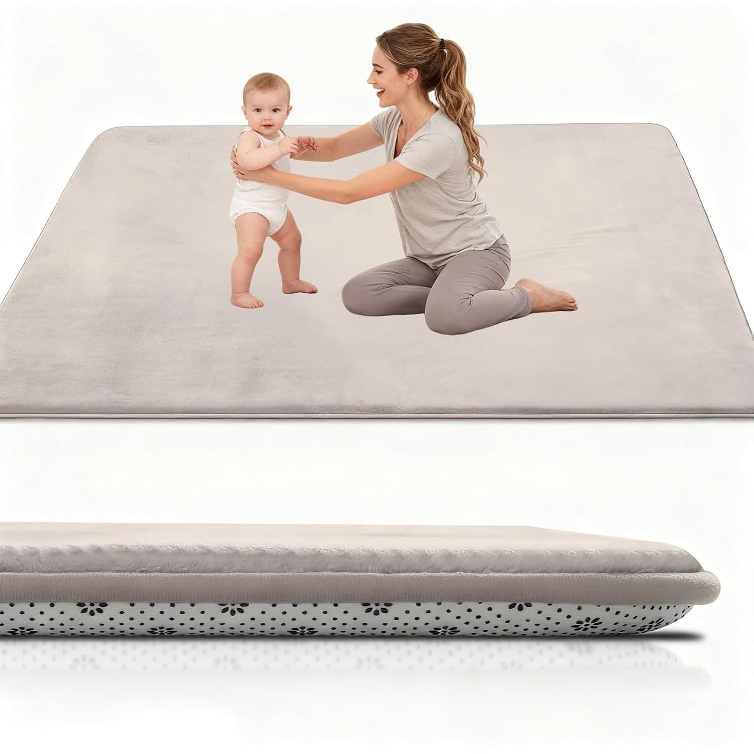 2cm Thick Play Mat for Floor 90 x 200 cm Foldable Playpen Mat with Non-Slip Cream