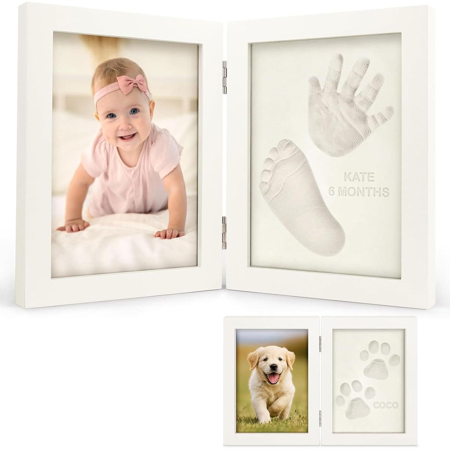 Uand home Personalized Baby Hand and Footprint Kit, Quick Dry Clay, Newborn Keepsake Feet and Handprint Kit, Nursery Picture Frame, New Mom Gifts for Baby Showers & Registry, White