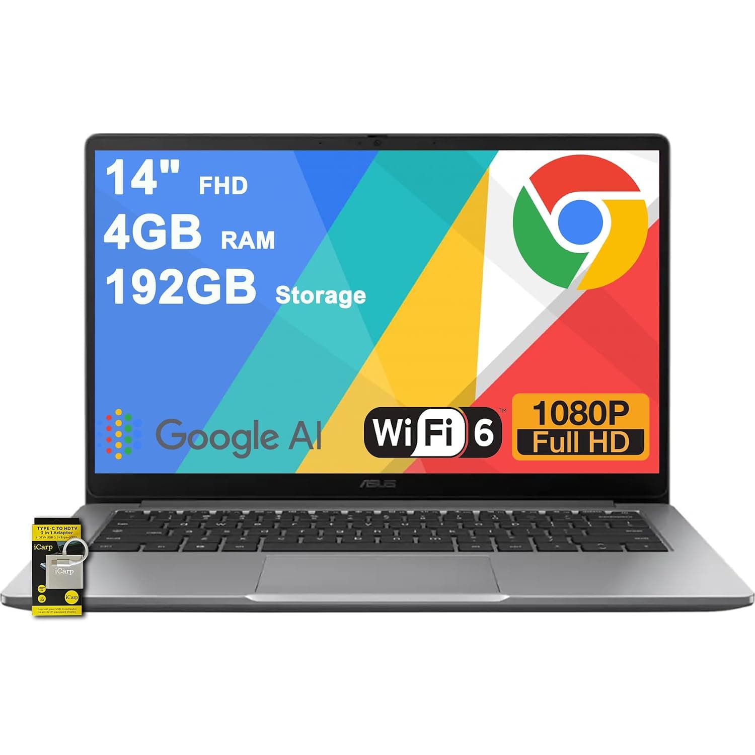ASUS Chromebook CX14 Lightweight Student Laptop 14" FHD Anti-Glare Intel Celeron N4500 4GB RAM 320GB Storage (64GB eMMC + 256GB SD Card) Type-C Long-Lasting Battery ICP Hub Google AI