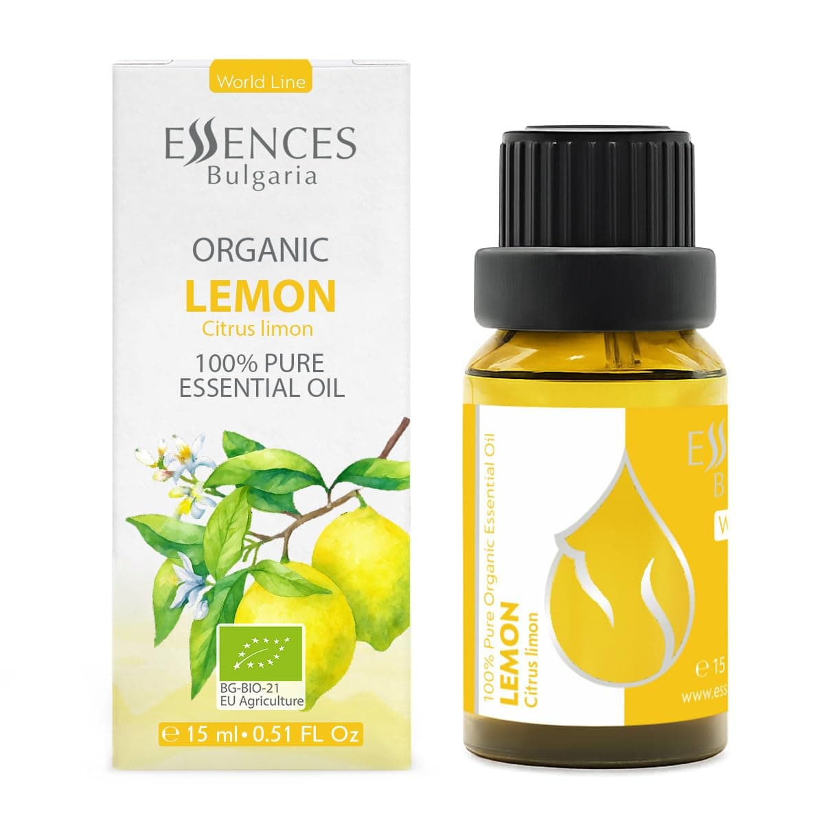 Essences Bulgaria Organic Lemon Essential Oil 0.51 Fl Oz | 15ml | Citrus limon | 100% Pure | Natural | Undiluted | Therapeutic Grade | Aromatherapy | Cosmetics | Cruelty Free | Non-GMO | Vegan