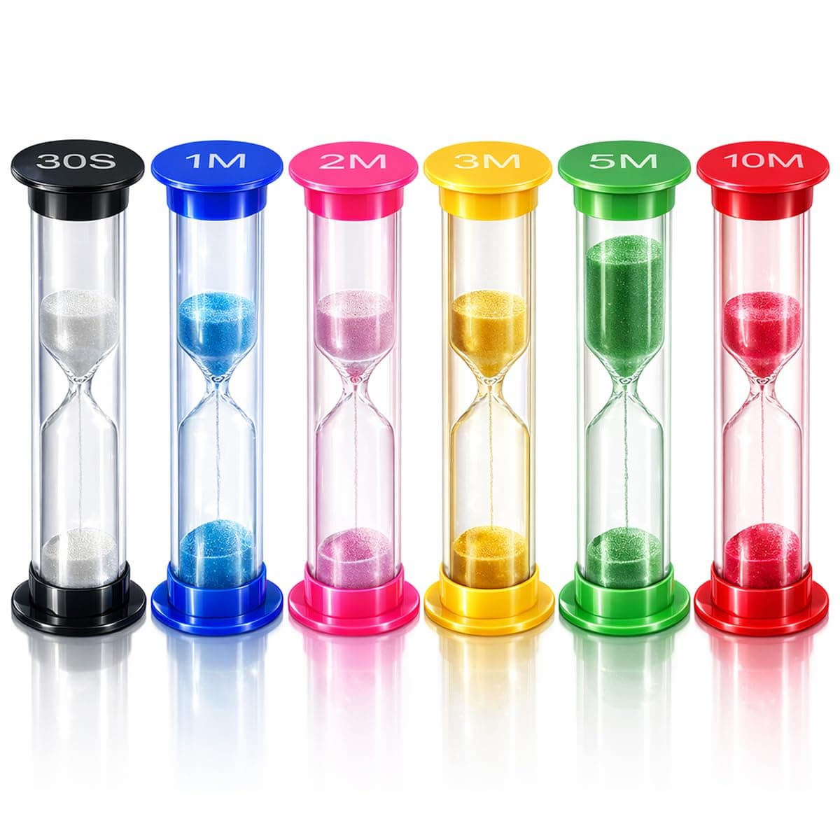 Sand Timers,Hourglass Sandglass Sand Clock Timer 30sec / 1min / 2mins / 3mins / 5mins / 10mins,for Classroom Game Home Office, Toothbrush Timer for Children Kids,(Pack of 6 Colors)