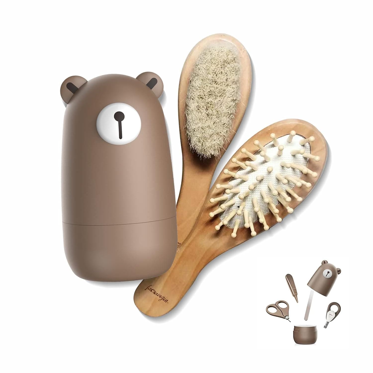 6-in-1 Baby Grooming Set, Natural Wooden Hairbrush and Comb, Nail Clippers,Nail Scissors, Nail File and Tweezers for Kids and Newborns in Nice Gift Box (Bronze)