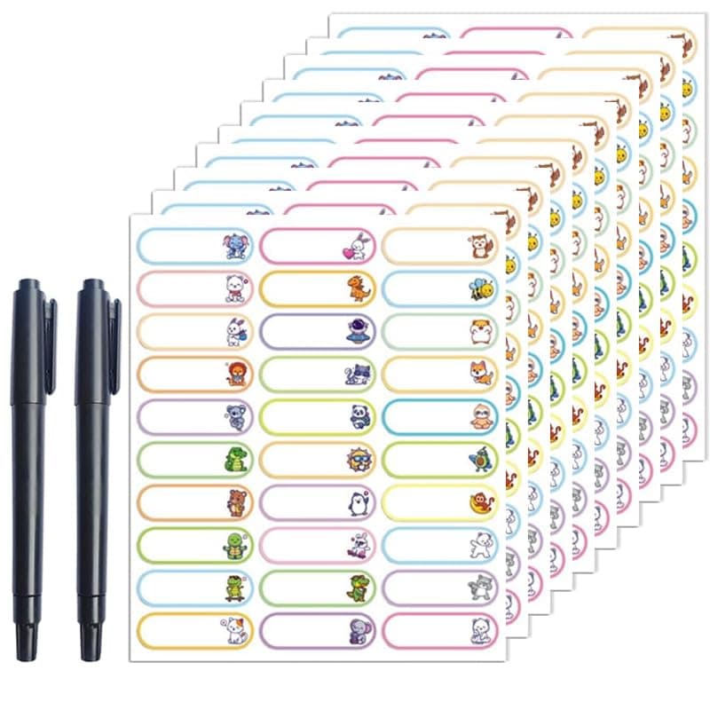 Lonimia Reusable Baby Bottle Labels for Daycare 300pcs, Waterproof Name Labels for Daycare, Animal Self Adhesive Name Tag Stickers Write On Kids Food Water Bottle Labels for School Classroom