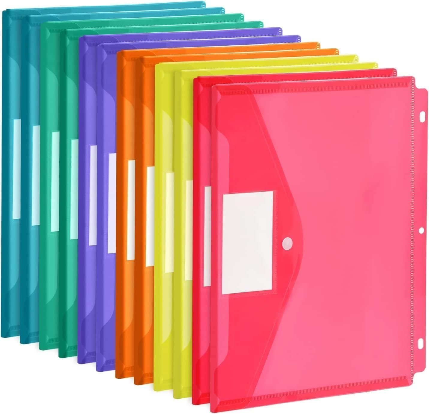 X spring Plastic Folders, 12PCS A4 Letter Size Document Organizers with Snap Closure, Colorful Transparent Envelopes, Binder Pocket Bags for School Home Office and Business Travel