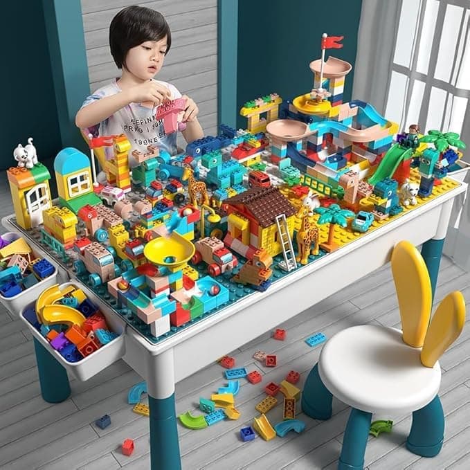 502pcs Kids Activity Table Set With 2 Chairs & 4 Storage Boxes, Large Size Blocks Table, Multi-Functional Educational Block Table With Storage, Study Table And Chair