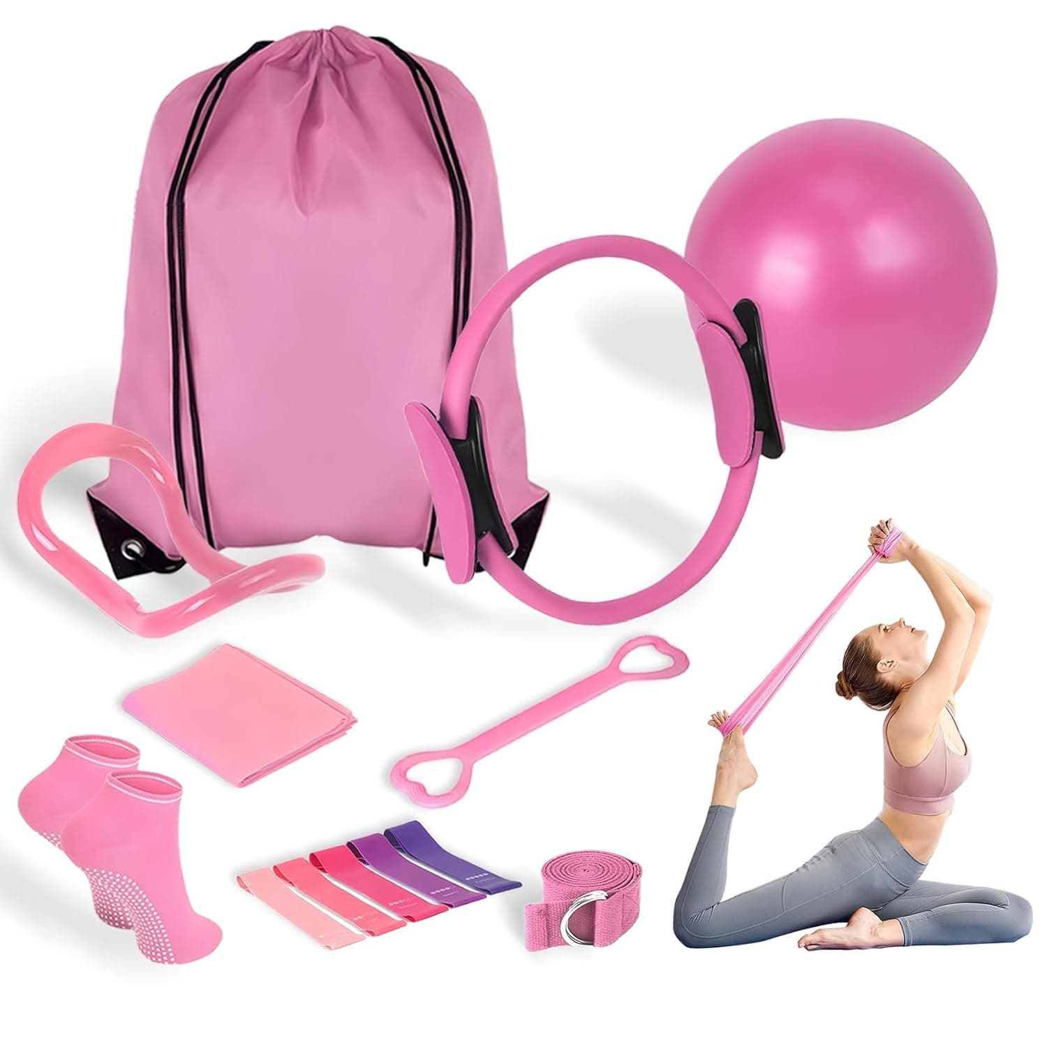 Women’s Beginner Pilates Kit – 13-Piece Fitness Set with Pilates Ring, Resistance Bands, Mini Exercise Ball, Non-Slip Socks, Strap & Accessories for Full Body Toning, Strength, Flexibility