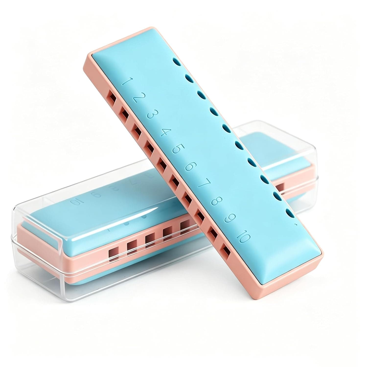 Blues Harmonica C, 10 Hole 20 Tune Plastic Harmonicas for Adults Beginners, Teaching Performance Accompaniment Wind Musical Instruments, Party Holiday Birthday Gift (Blue & Pink)