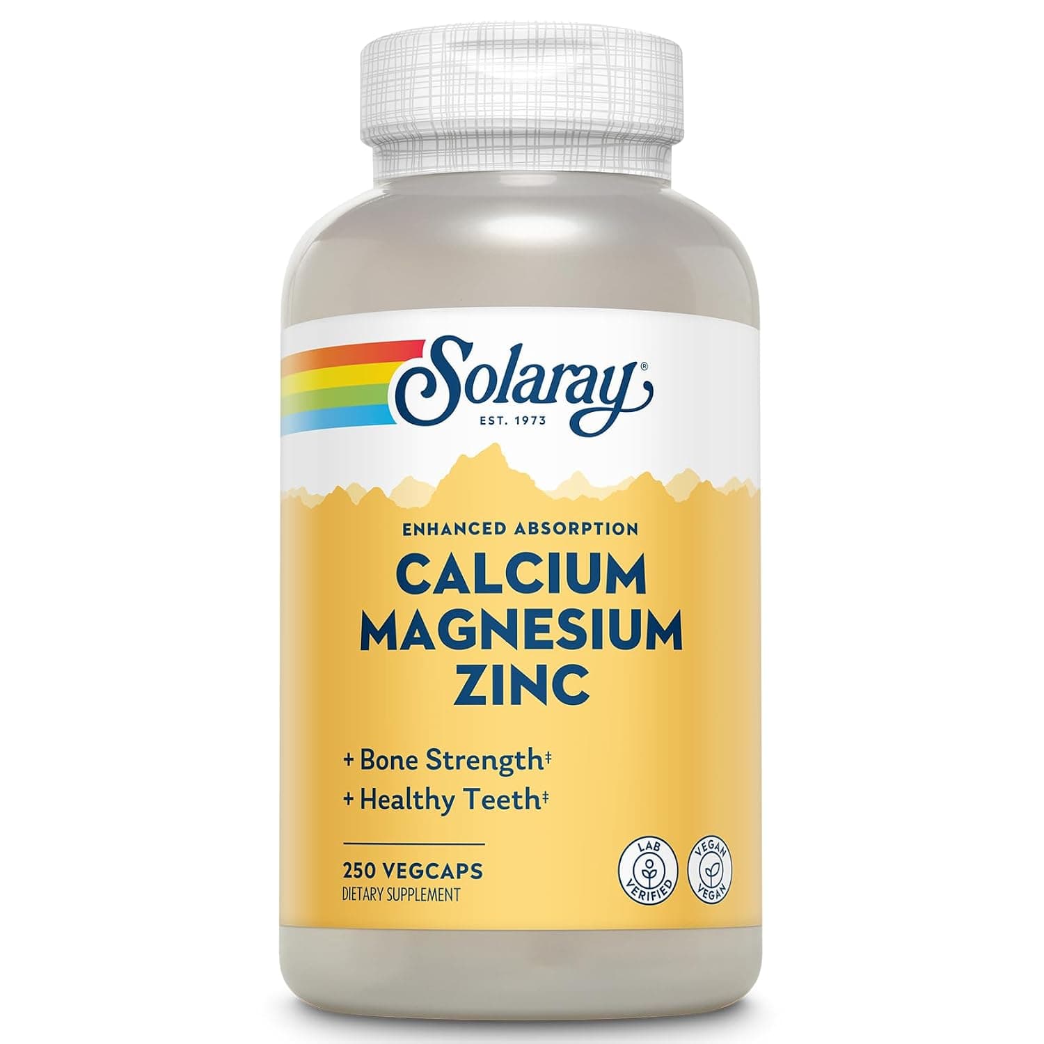 SOLARAY Calcium Magnesium Zinc 250 Vegetarian Capsules | Bone, Teeth & Immune Support - Calcium, Magnesium & Zinc Complex - 62 Servings - Vegan & Lab Verified