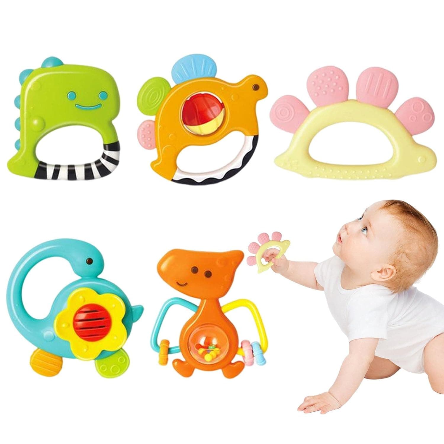 Baby Dinosaur Teething Rattle,Teething Toys Set for Babies - Baby Dinosaur Teething Toys, Newborn Early Educational Toys for Toddlers Boys Girls
