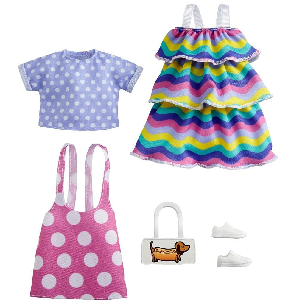 Barbie Fashions 2-Pack Clothing Set, 2 Outfits for Barbie Doll Include Pink Polka-Dot Jumper, Purple Polka-Dot Top, Striped Dress & 2 Accessories, Gift for Kids 3 to 8 Years Old