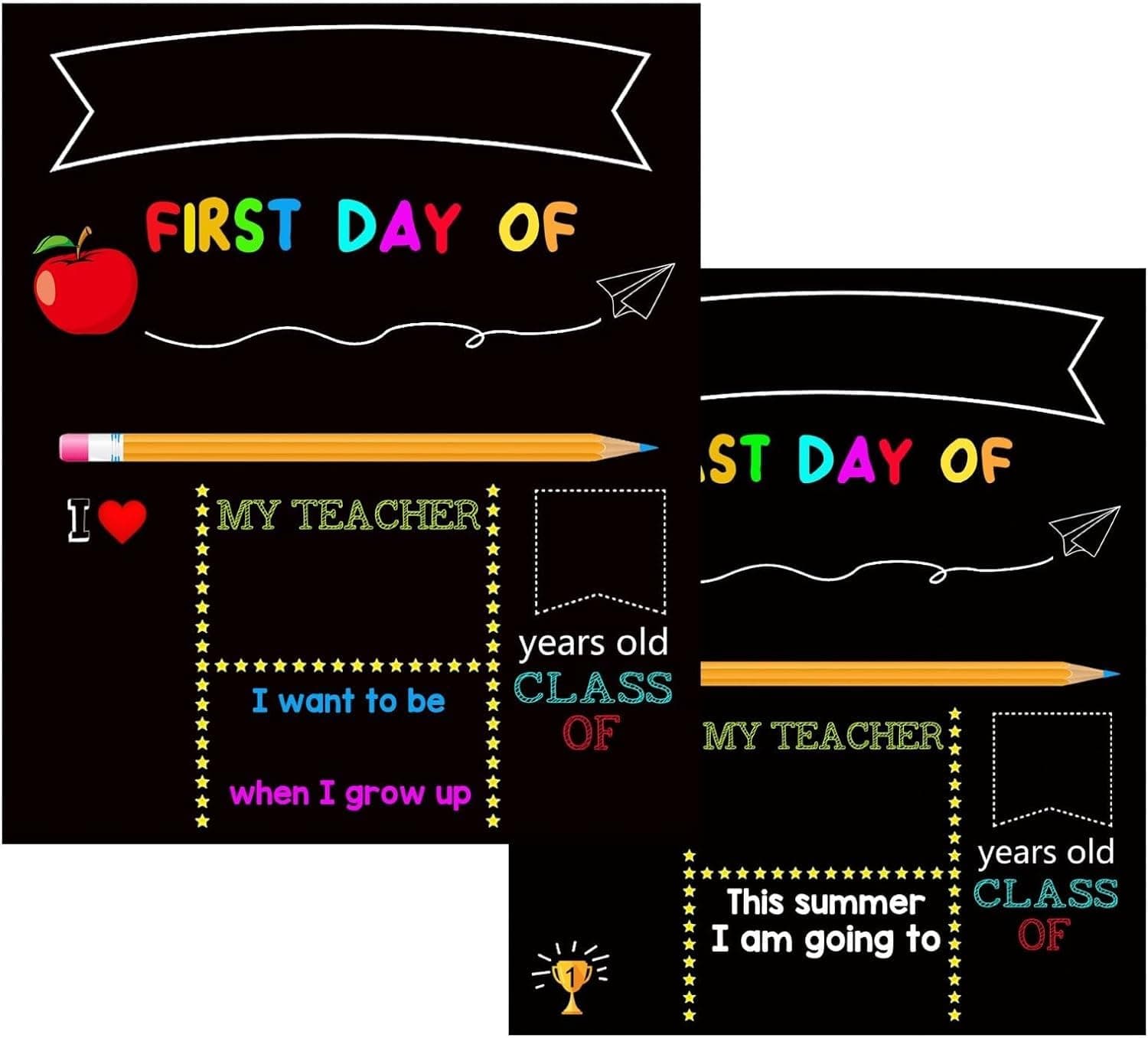 First & Last Day of School Chalkboard Sign, Reusable 10 x 12 Inch Double-Sided Wooden Back to School Prop for Kids, Preschool & Kindergarten Photo Memory, Personalized Milestone Board (Black)