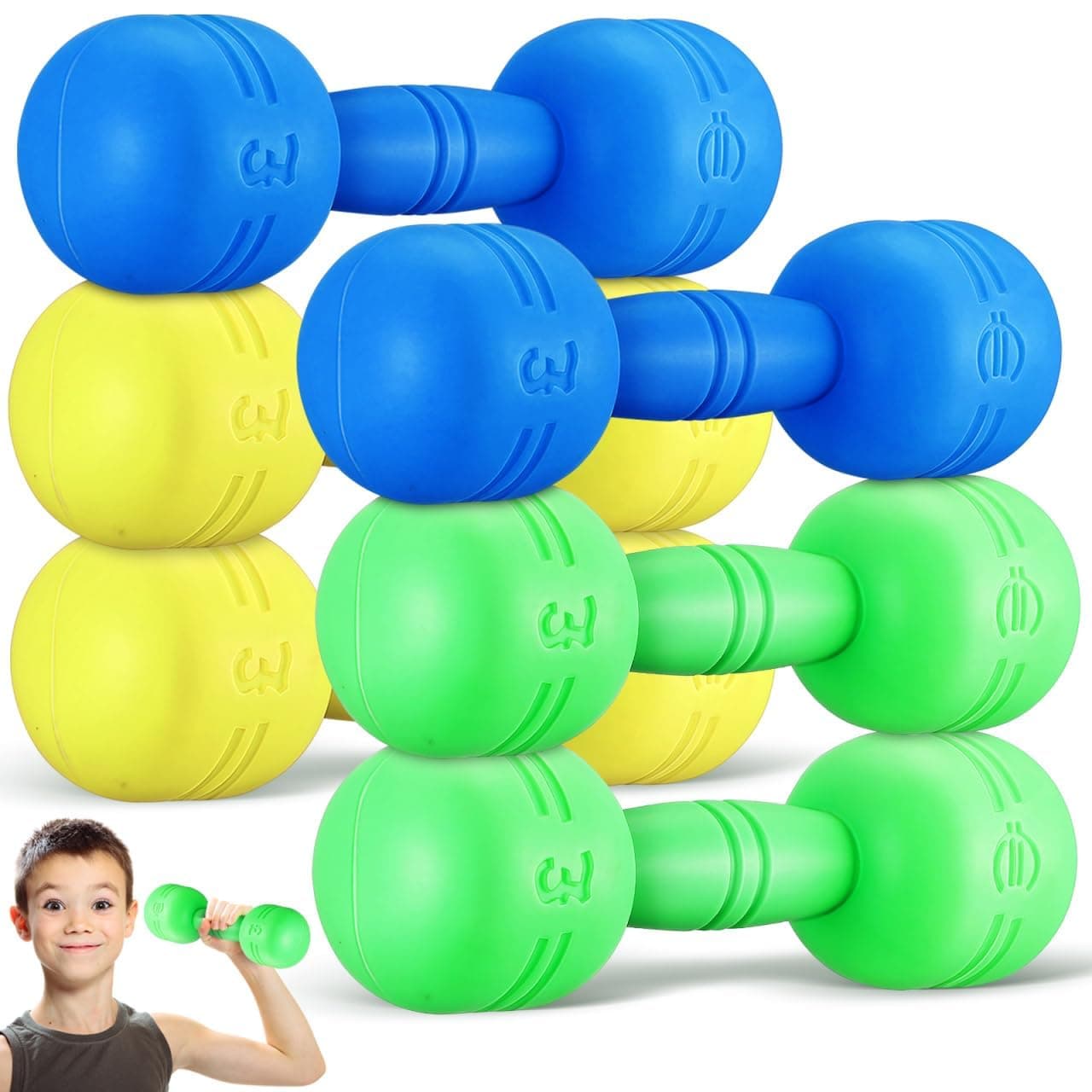 Kids Dumbbells Set, Toddler Dumbbell Weights with Sound, Lightweight Durable PVC Material, Fitness Exercise Toy for Boys Girls Home Workout Ages 4 to 8, 3 Pairs (Yellow, Green, Blue)
