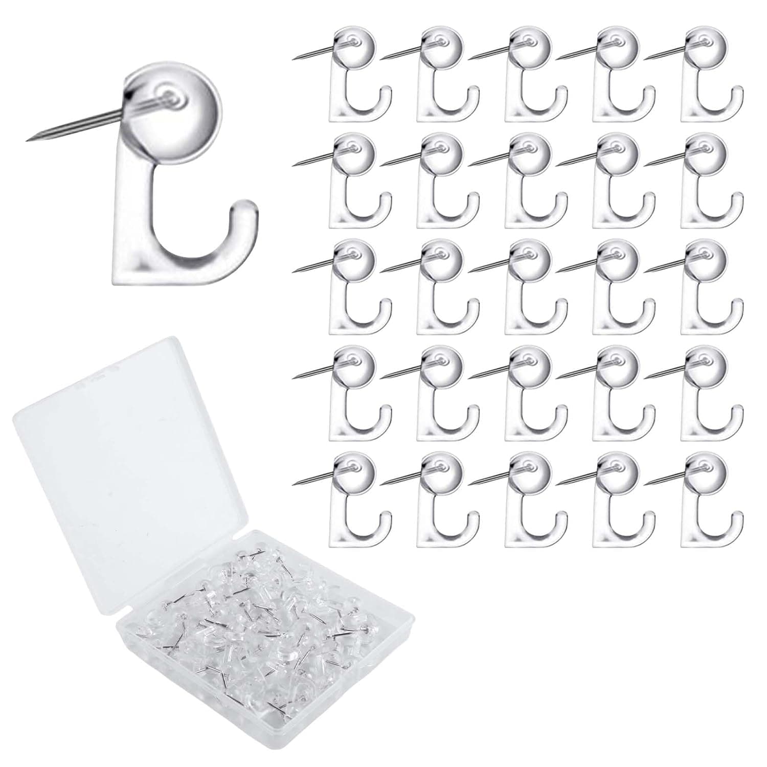 Push Pin Hooks, 50 PCS Clear Plastic Thumb Tack Hook, Reusable Cork Board Hooks Decorative Push Pin with Hook for Bulletin Board Photo Wall Hangings Map Calendar Home Office School Supplies