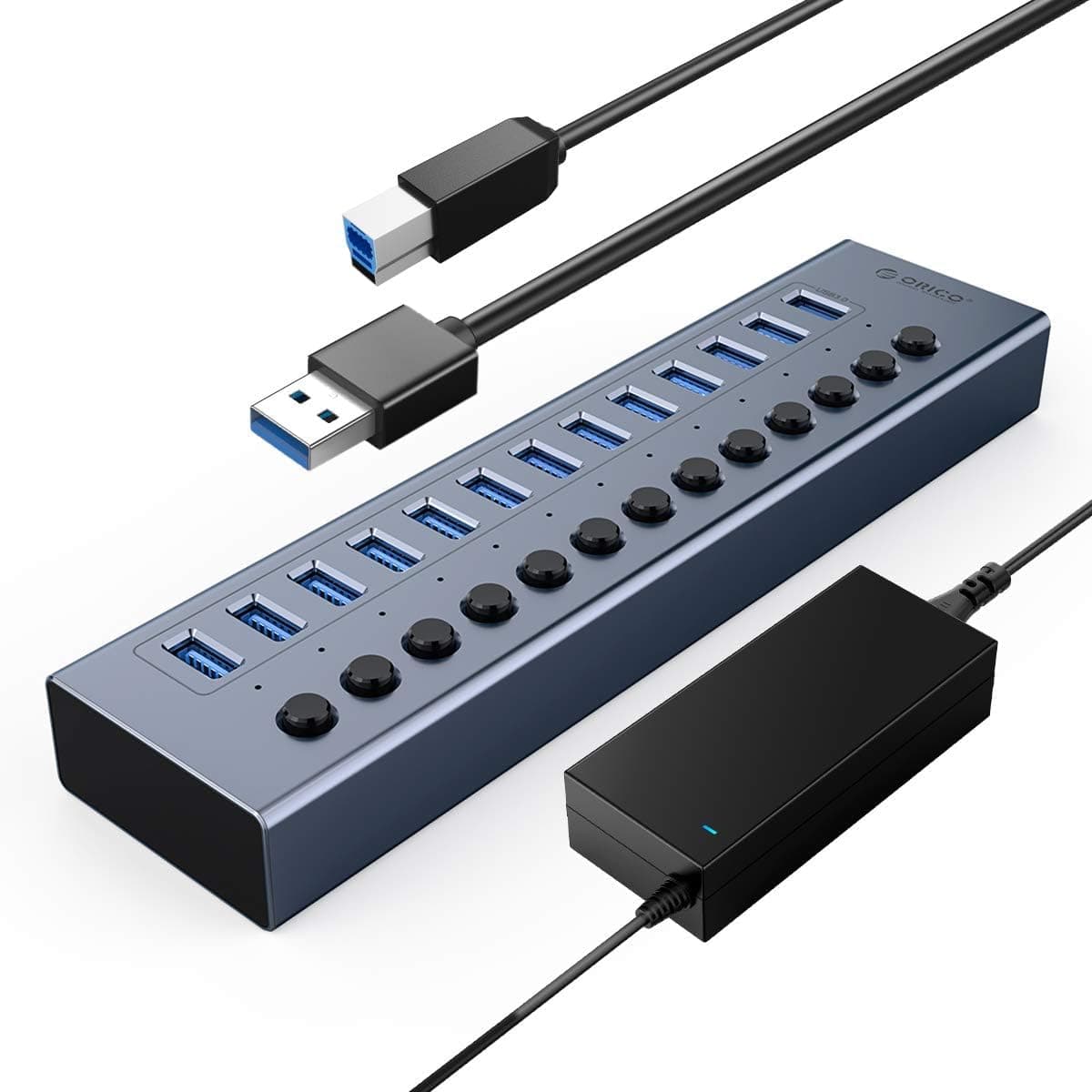 ORICO USB Hub 3.0 Powered 13 Ports USB Data Hub with 12V5A Power Adapter, Individual Power Switches, and LEDs, USB Extension for iMac Pro, MacBook Air/Mini, PS4, Surface Pro, Notebook PC, Laptop