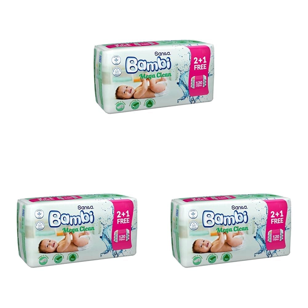 Sanita Bambi Baby Wet Wipes Mega Clean - (2+1) 120 Wipes (Pack of 3)