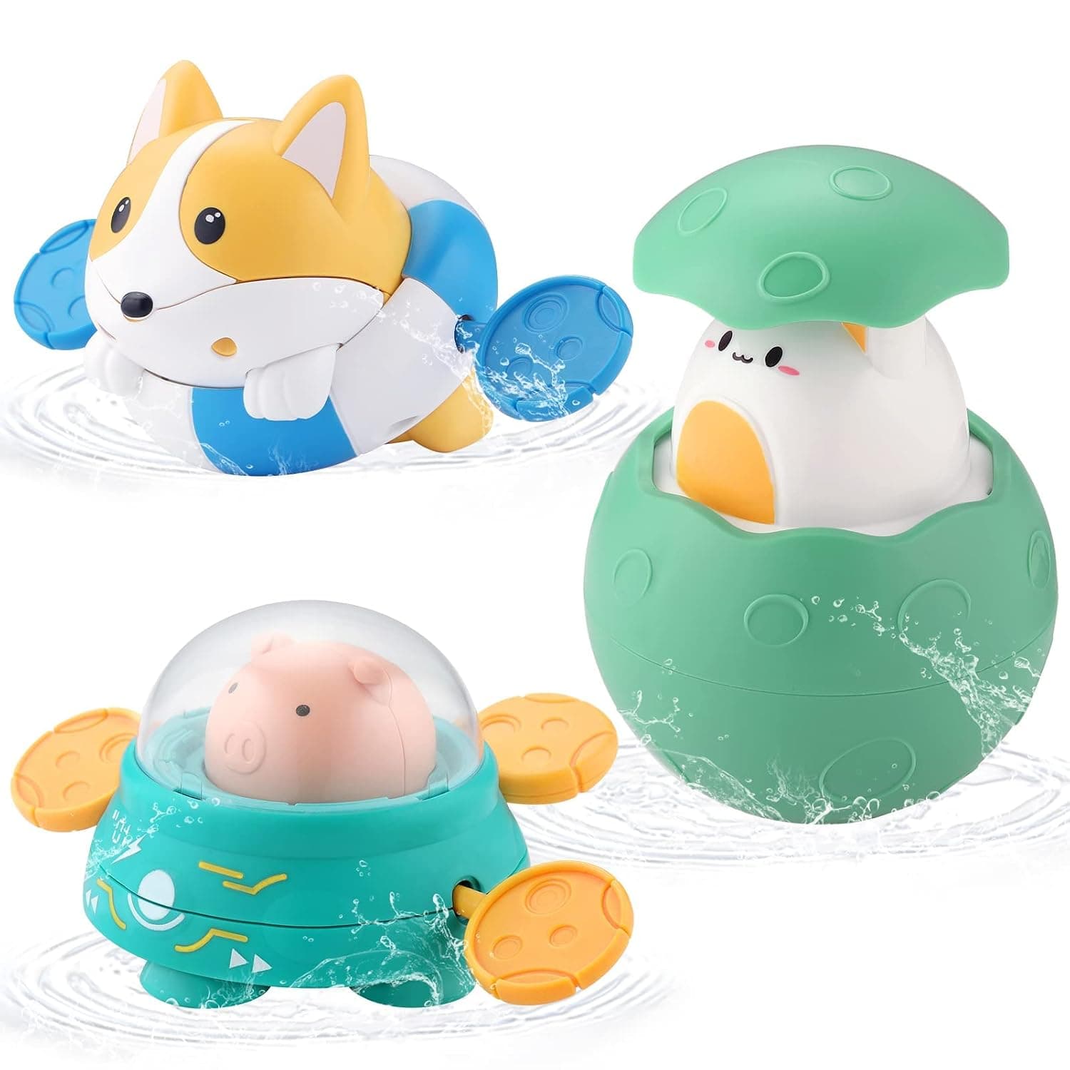 Baby Bath Toys, Floating Wind Up Toys Spray Bathing Tub Fountain Toys for Toddlers 1-3, Shower and Floating Toys, Pool Bath Time Bathtub Pool Sprinkle Bath Toy for Kids Children, 3 Pack