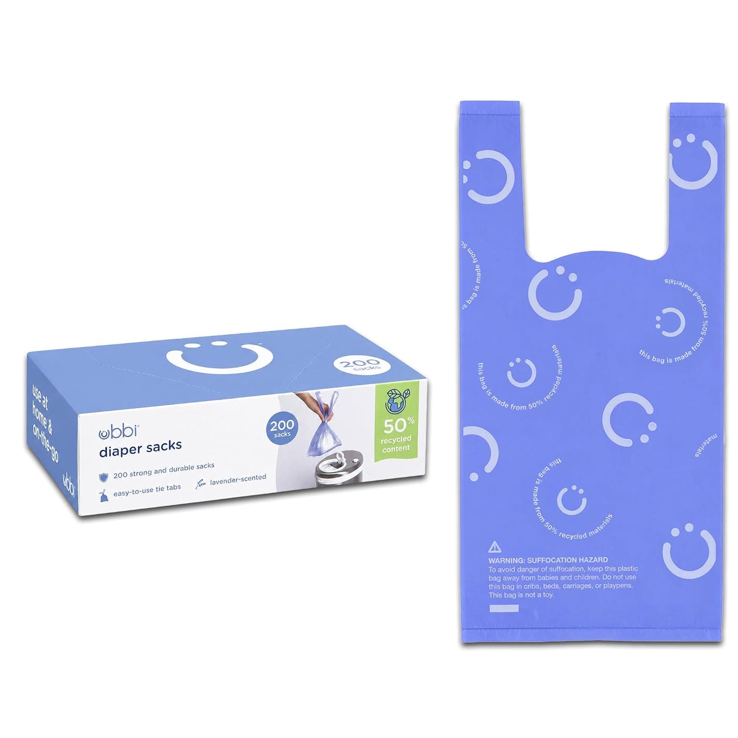 Ubbi Disposable Diaper Sacks, Lavender Scented, Easy-To-Tie Tabs, Baby Diaper Disposal or Pet Waste Bags, 200 Count | Easy-To-Tie Tabs, Made from 50% Recycled Material, Disposable On-The-Go Bags, Diaper Bag and Travel Essential