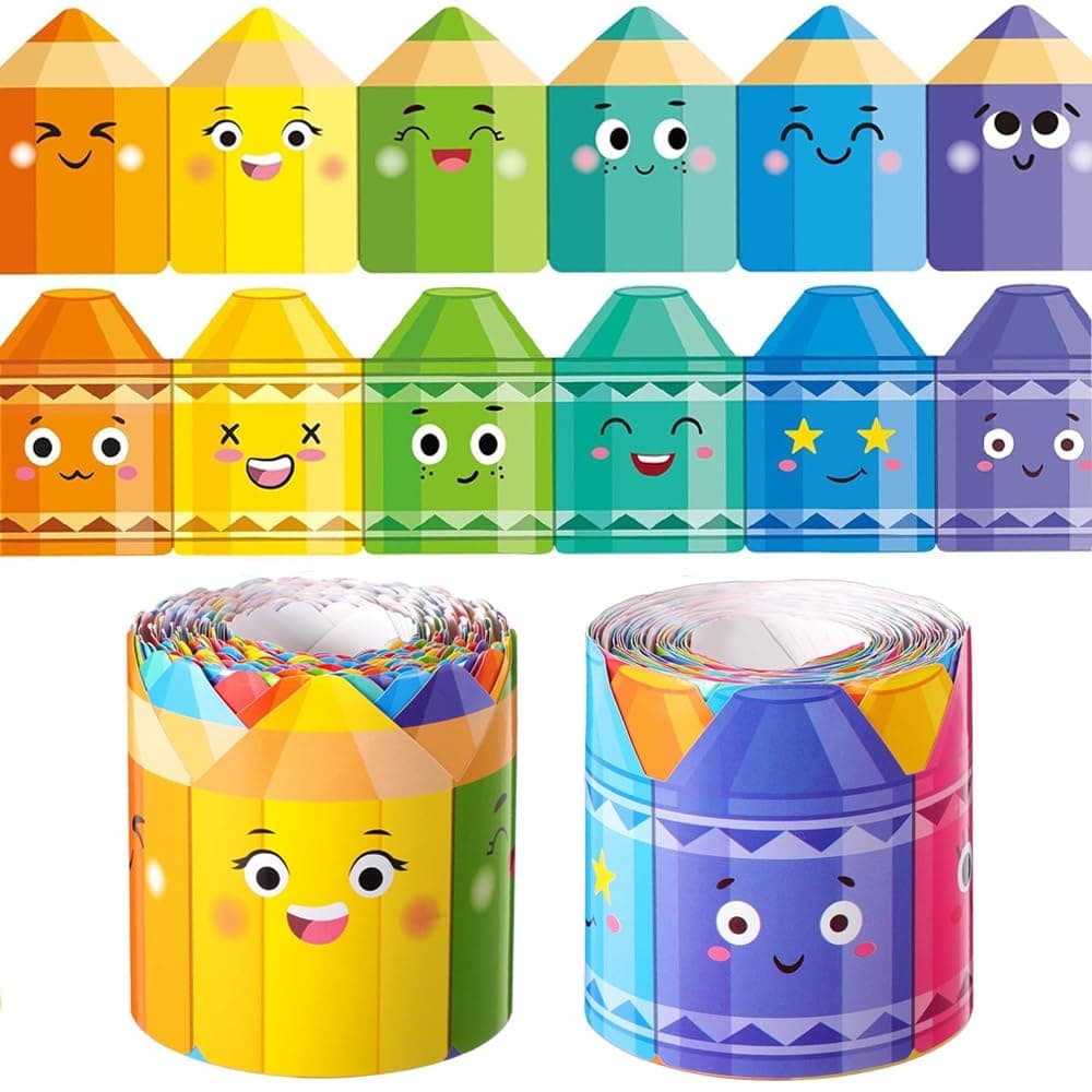 Goodern Bulletin Board Borders,2 Rolls 10M Colorful Bulletin Board Decorations Self-Adhesive Crayon and Pencil Border Trim for Classroom Chalkboard Bulletin Home Office Wall Door Window Decor-B