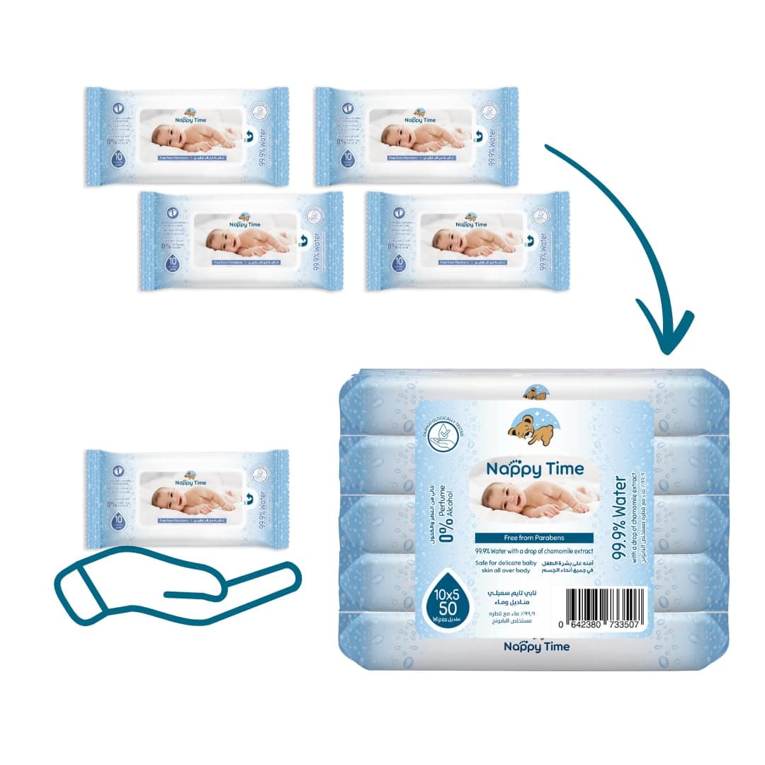 Baby Wipes Travel Pack 99.9% Water 10s'x5 (50 sheets)