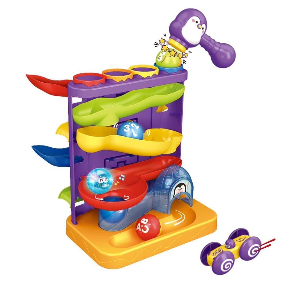 2 in 1 Pound and Roll Balls Toy with Car Ramp Race Track for 1 Year Old Boy, Montessori Hammering Toddler Toys for Baby 12-18 Months, Early Developmental STEM Educational Gift for Age 1 2 3