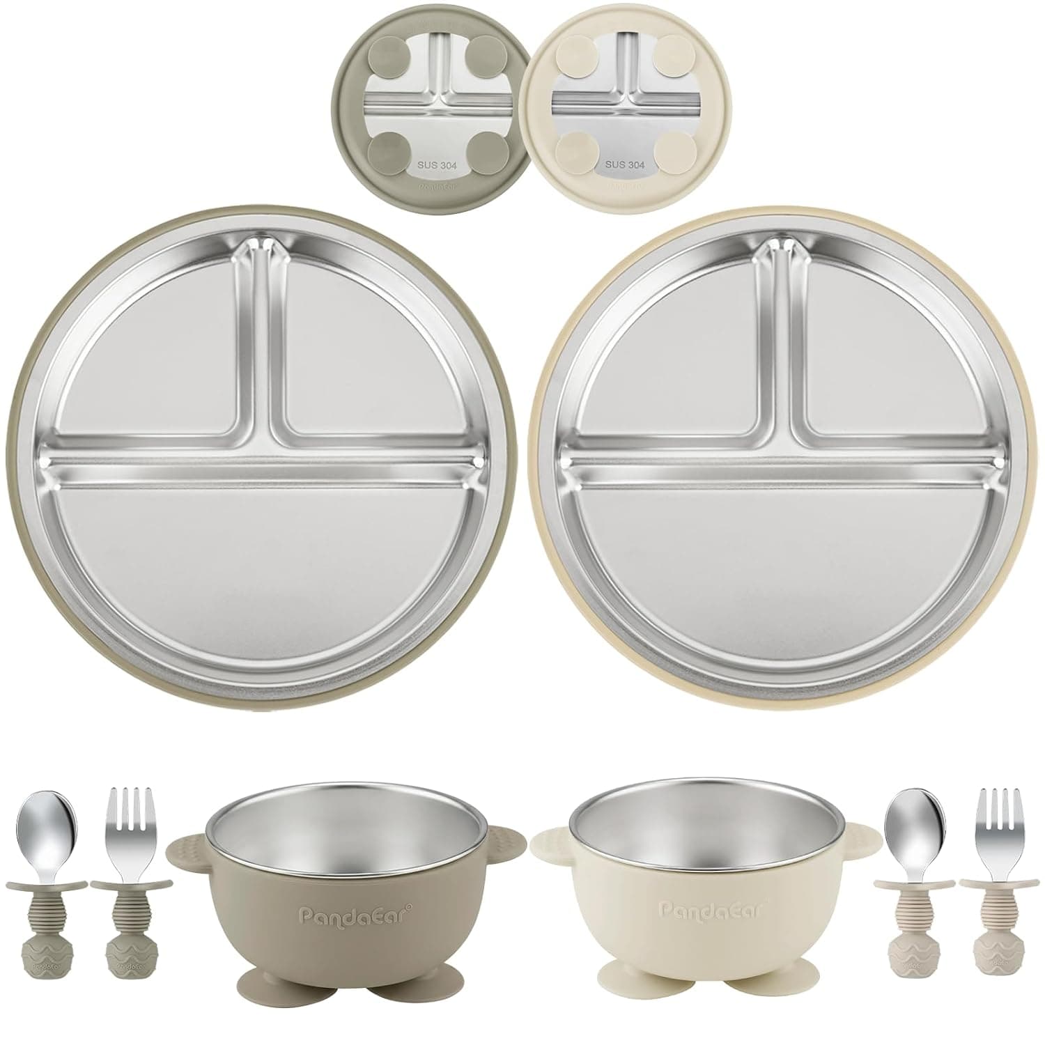 PandaEar DME Baby Feeding Utensils Set of 8 Stainless Steel Suction Plates and Bowls with Silicone Spoon and Fork, DME Tableware Set (Taupe & Beige)
