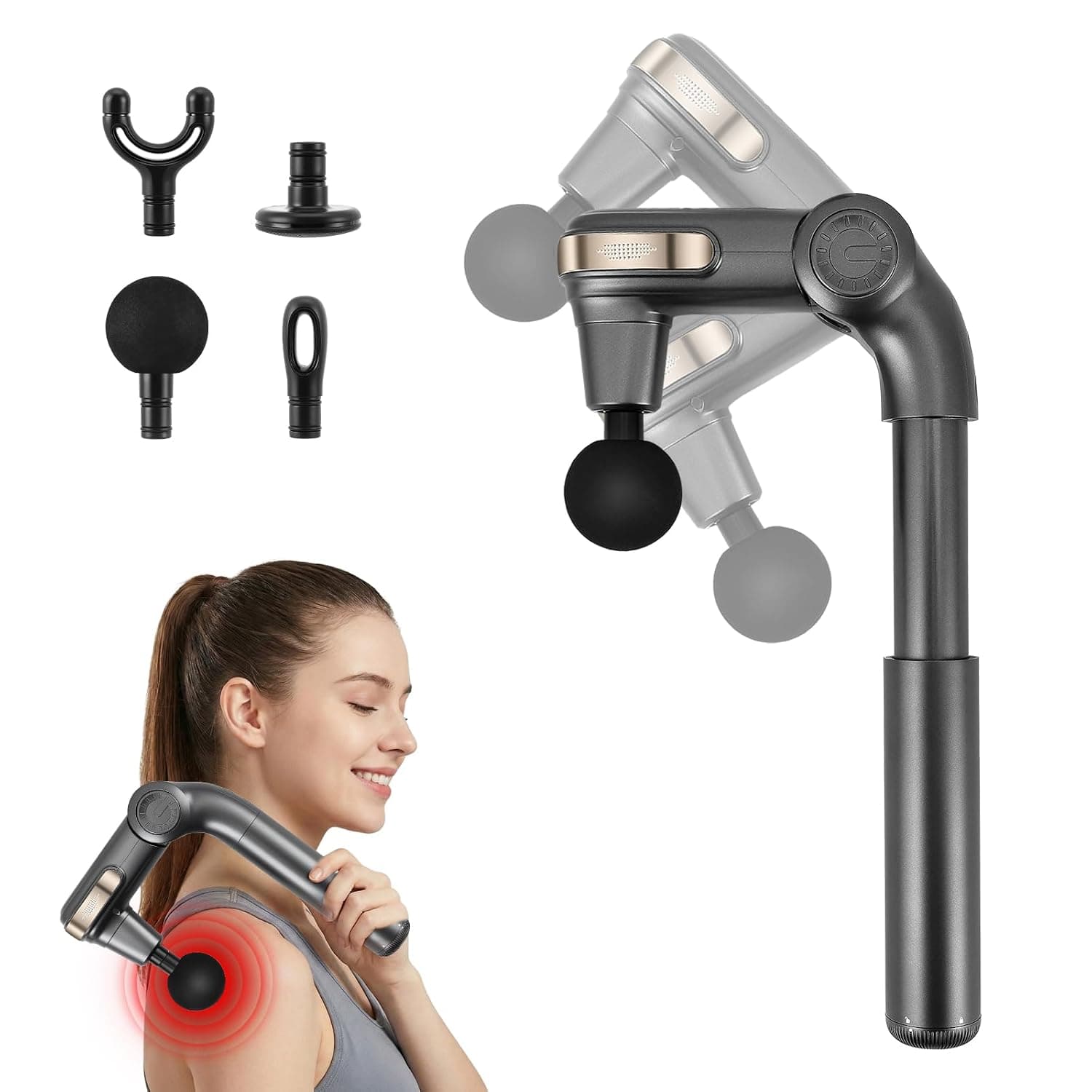 Deep Tissue Massage Gun - Telescopic Massager with 3 Adjustable Angles, 4 Attachments, 5 Speed Levels and 2800 RPM - Handheld Muscle Massager for Muscle Relaxation
