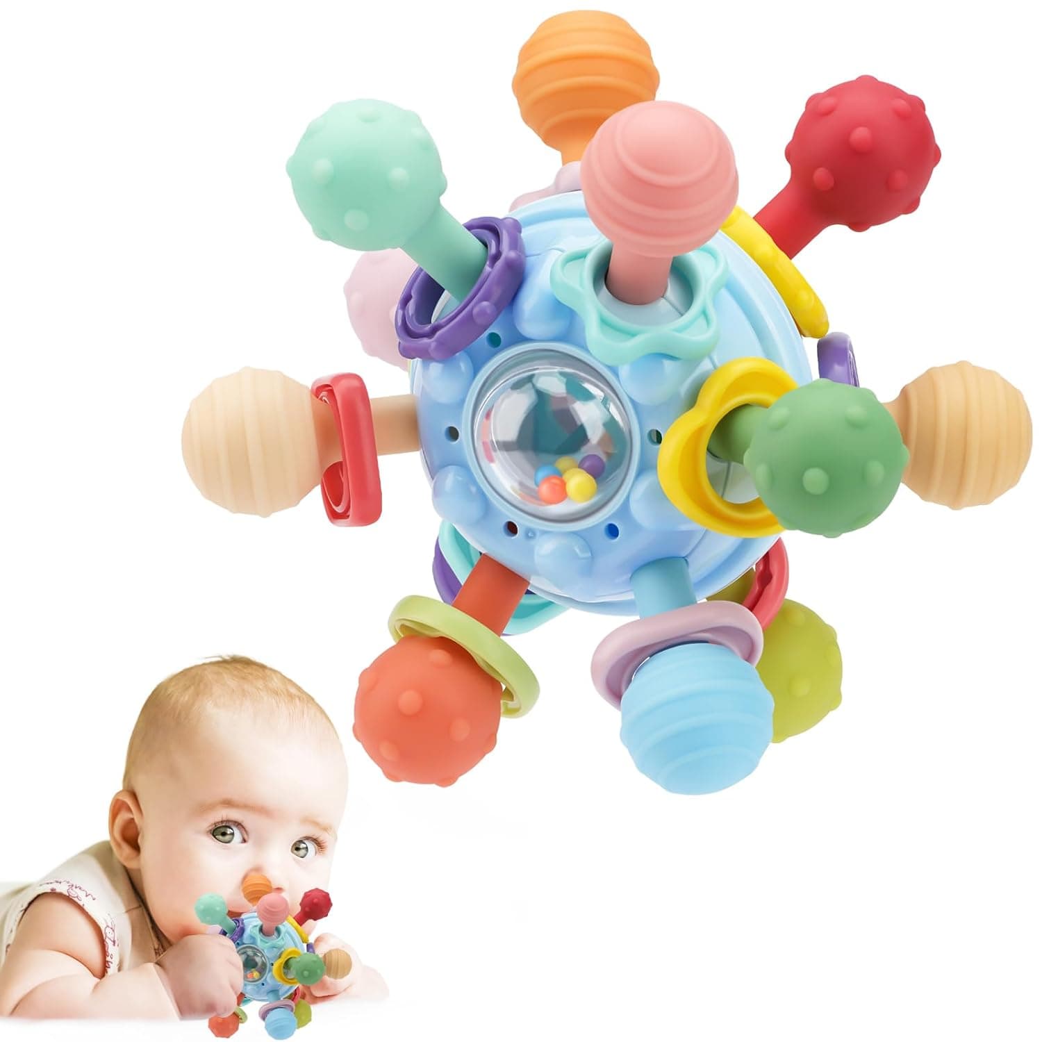 TOHIBEE Baby Sensory Teething Ball Toys, Infant Chew Rattle, 0-6, 6-12 Months, Light Blue, Silicone, Rubber, Plastic
