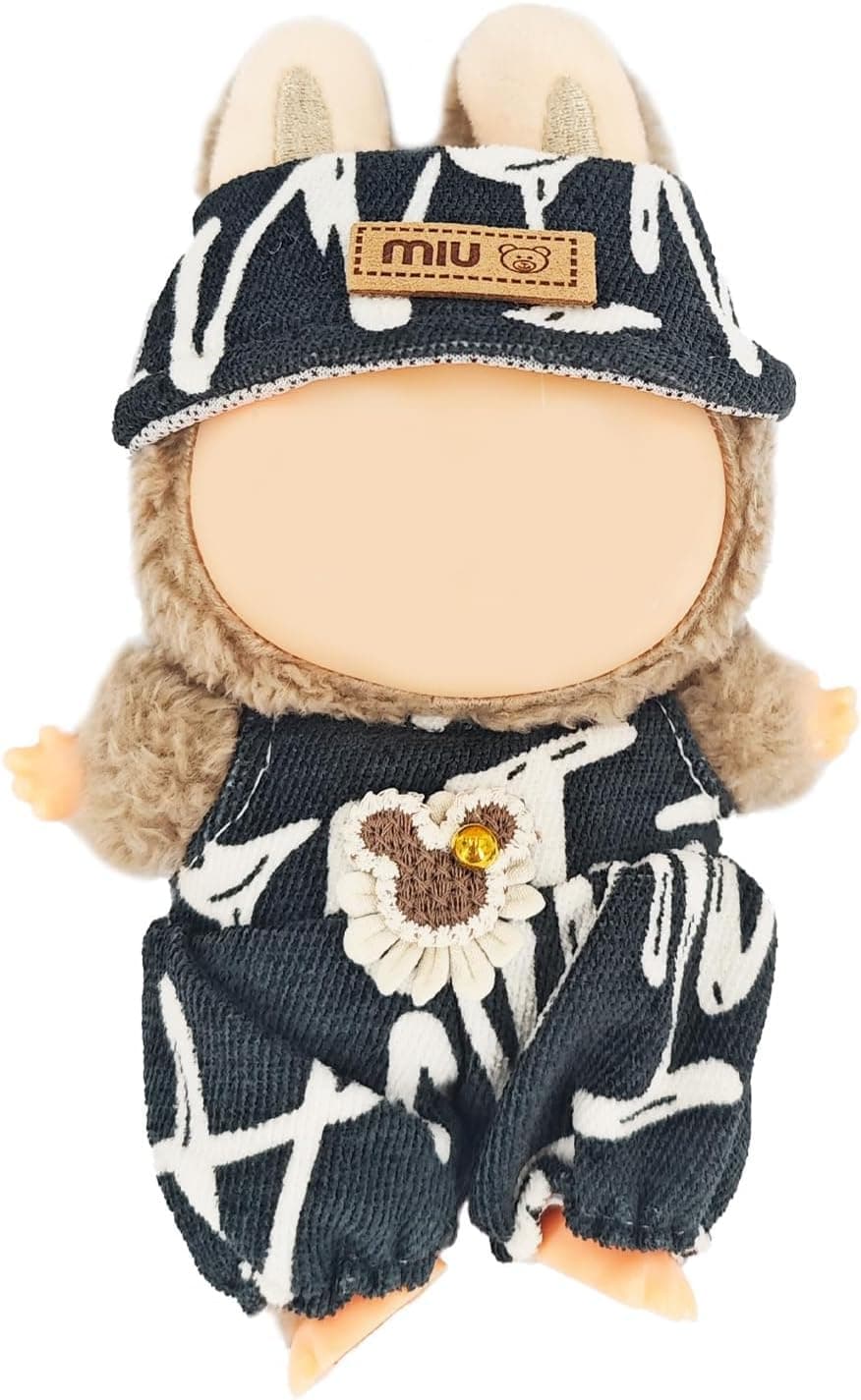 Cool Boy Clothes for Labubu 1/2/3 Generation Doll, 2 PCS Cute Grey Hat & Jumpsuit Set Dress Up Outfit Accessories for Doll, Playtime Easy to Dress Fabric Ideal Gift for Doll (Doll Not Included)